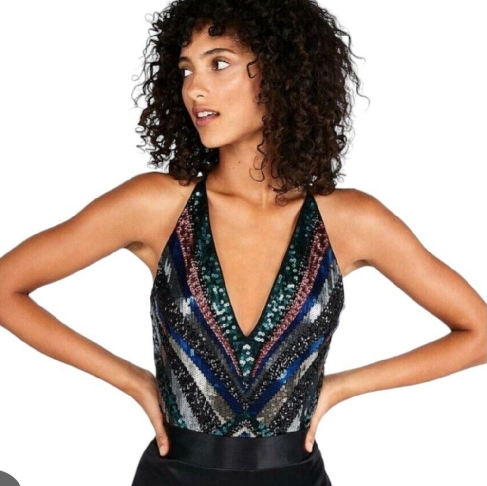 Express Sequined Deep V Bodysuit Size Small NWT